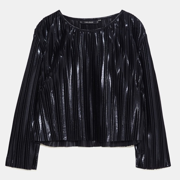 NWT ZARA PLEATED LEATHER BLACK LONG SLEEVE TOP - Picture 4 of 13